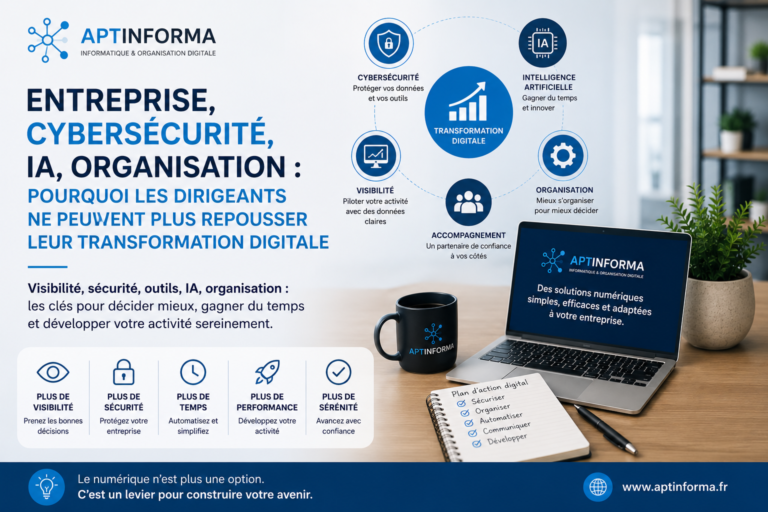 Transformation digitale d’une petite entreprise avec cybersécurité, intelligence artificielle, organisation et visibilité en ligne.